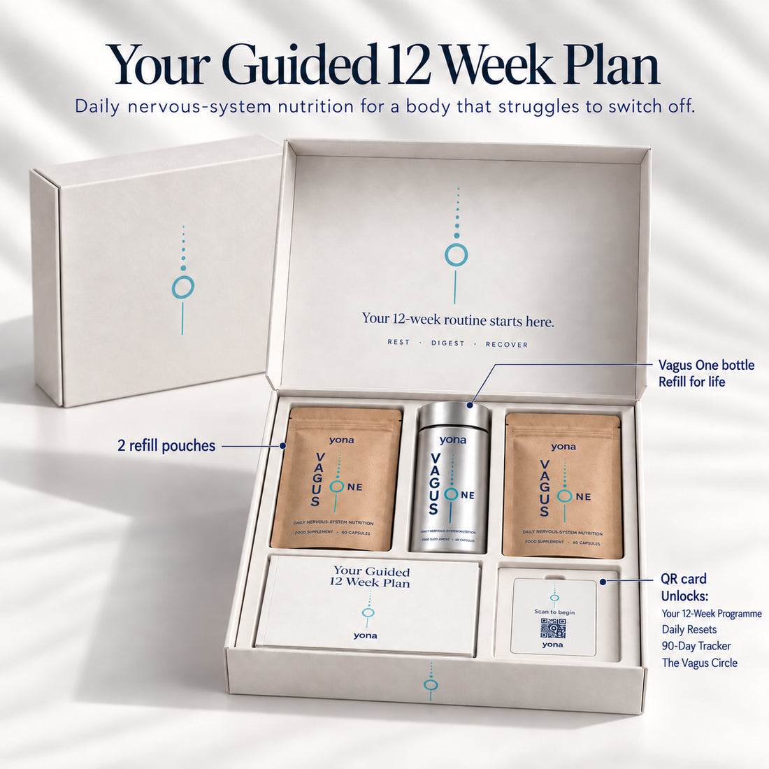The Vagus One 12-week box: one bottle, two refill pouches, the guided plan and a QR card.